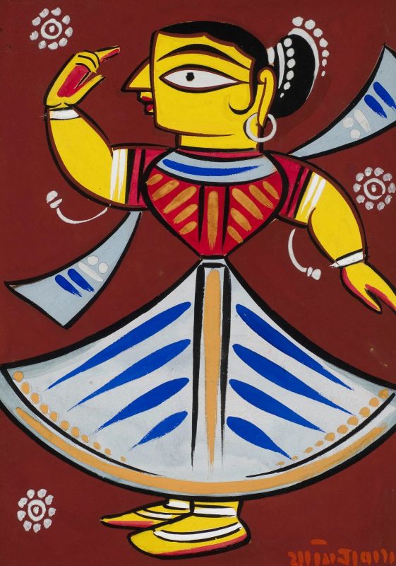 Dancing Girl painting by Jamini Roy, jamini roy art style, patua painting, bengali folk art