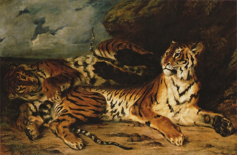A Young Tiger Playing with Its Mother, oil on canvas, by Eugène Delacroix, 1830-1831