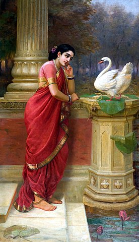 Damyanti and Hamsa oil painting by Raja Ravi Varma, wikicommons, paintphotograpsh, reproduction, art