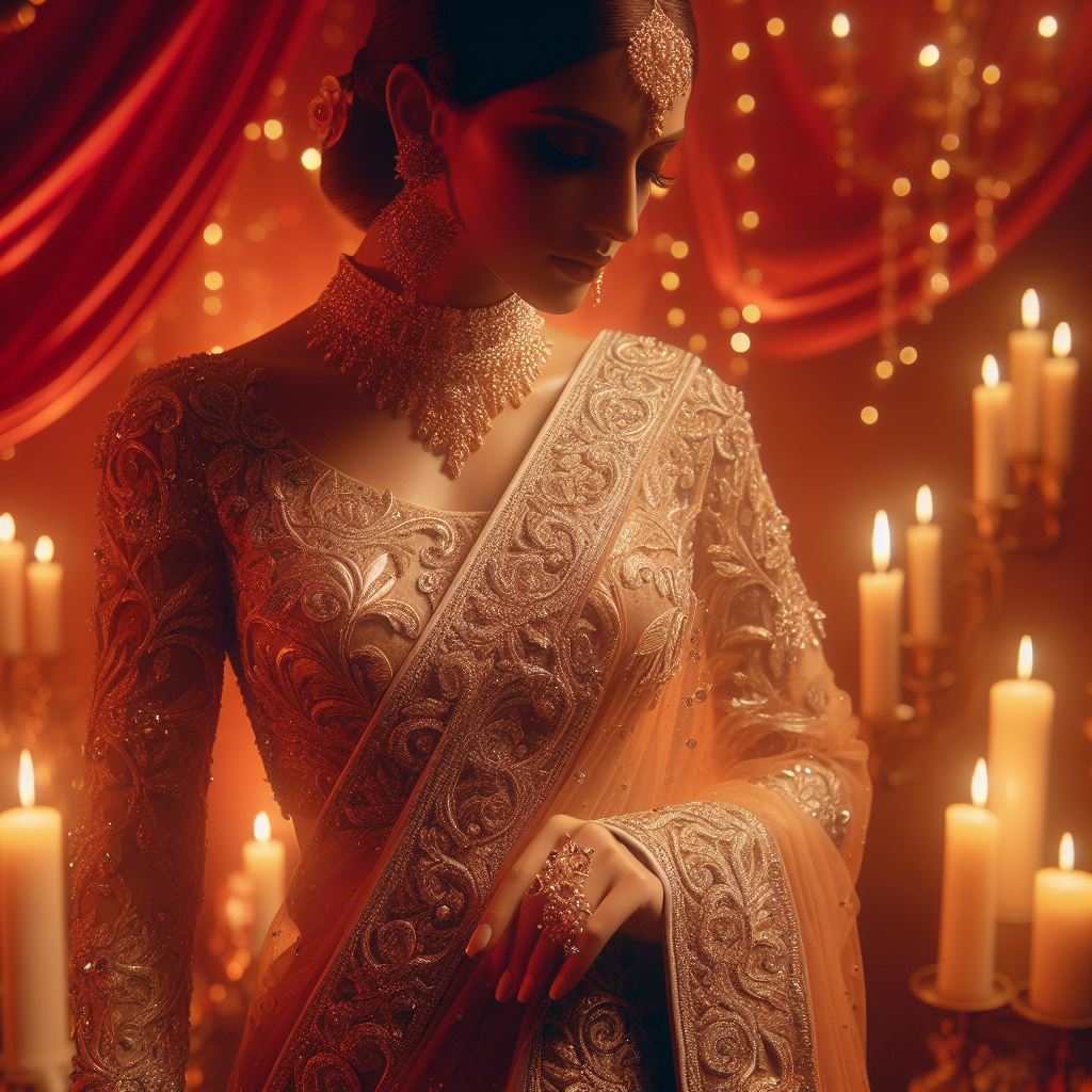 bride wearing designer sari, designer sarees as wedding gift, sarees as marriage present