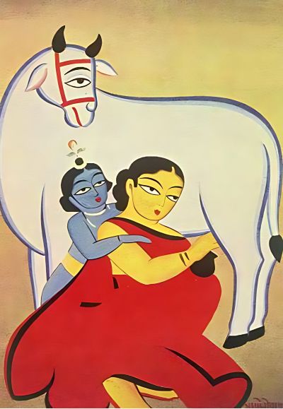Jamini Roy painting, Krishna Yashoda painting by Jamini Roy, bengali folk painting, patua art