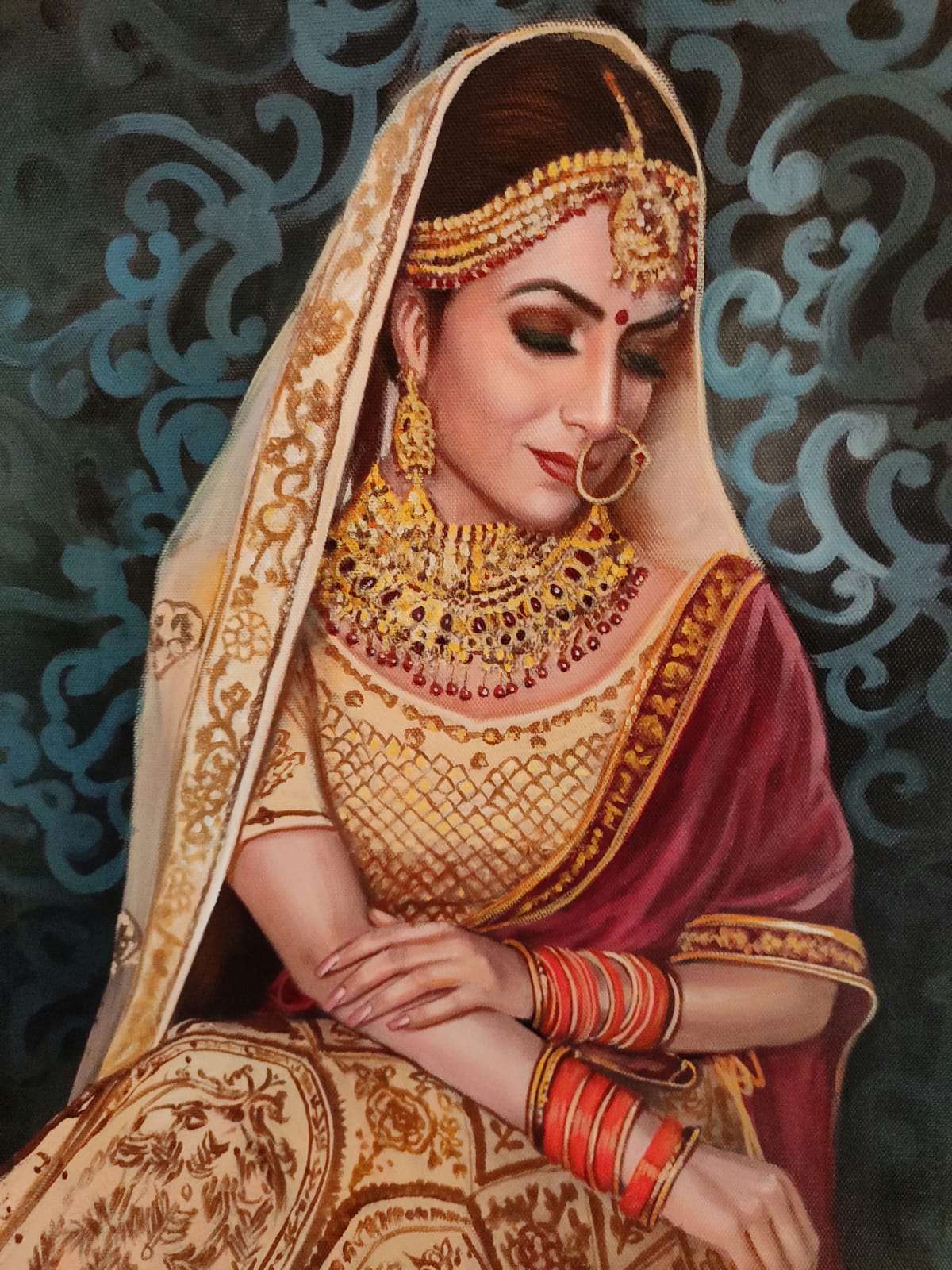 portrait painting of a young bride in traditional Indian bridal wear