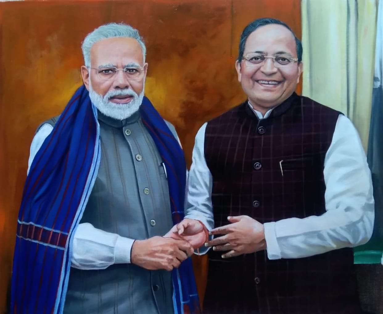 PM Modi, Prime Minister Modi, Narendra Modi with colleague, oil painting, portrait painting, art