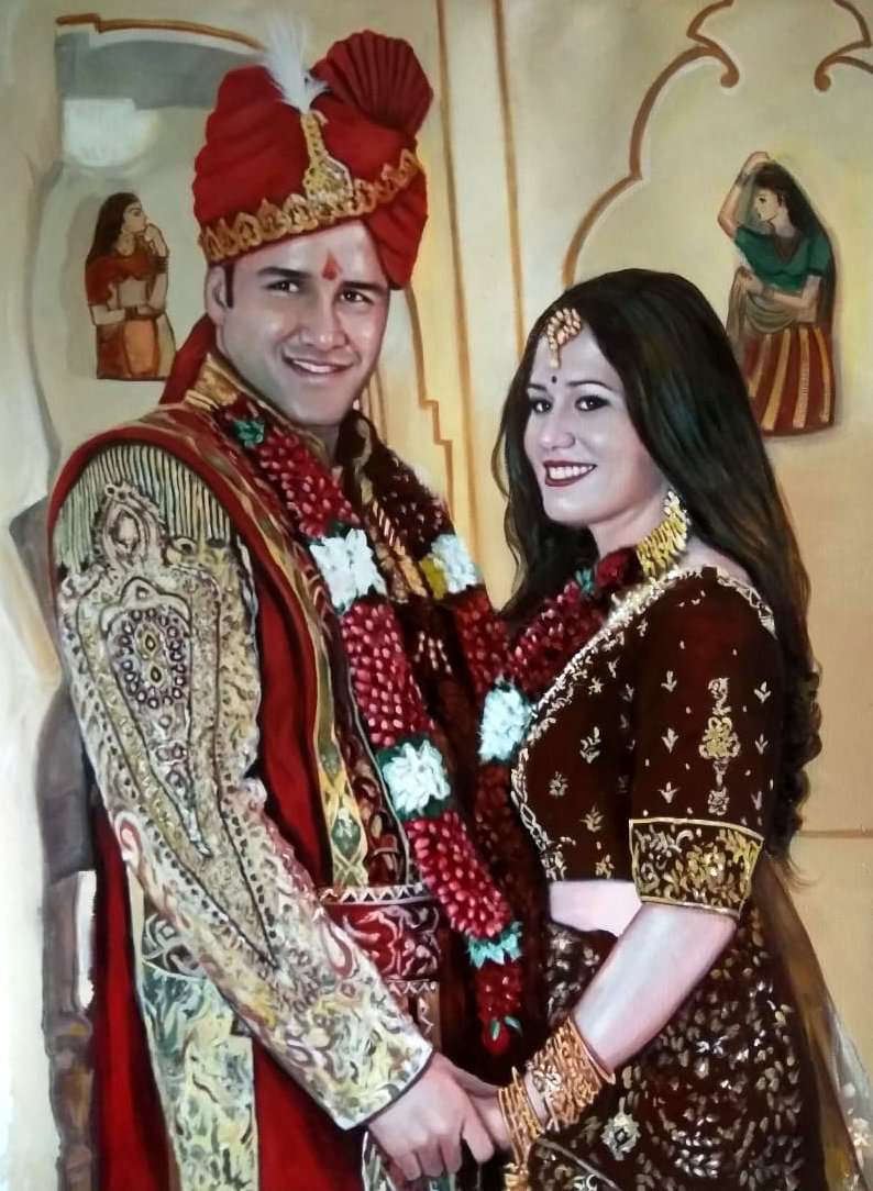 Wedding couple portrait painting in Traditional Indian wedding wear