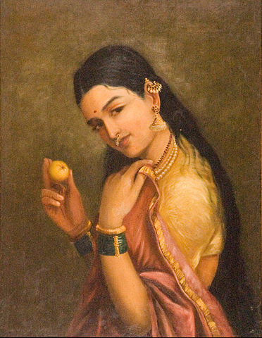 Woman holding fruit, oil painting by Raja Ravi Varma, wikicommons, paintphotograpsh, reproduction,