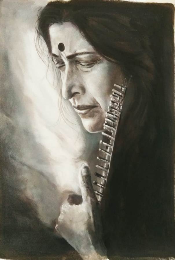 Kishori Amonkar painting, portrait painting of Kishori Amonkar, oil portrait painting, oil painting,