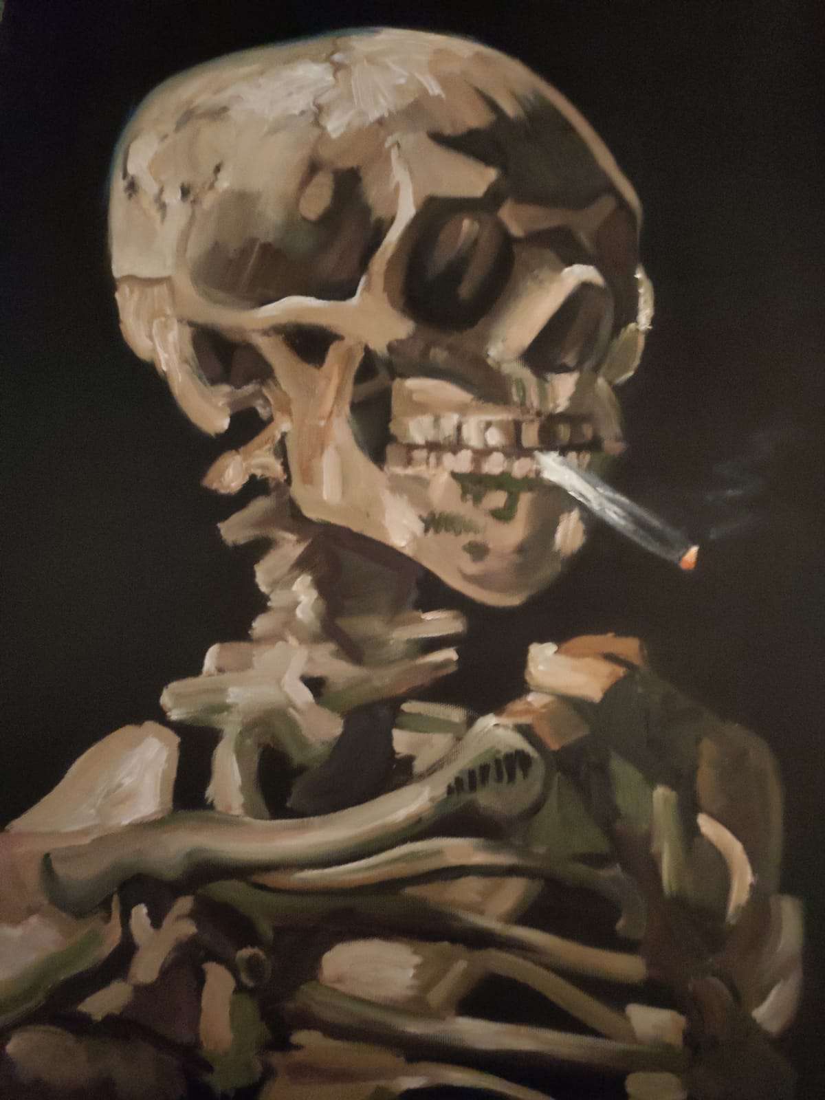 Skull with burning cigarette, Van Gogh, art reproduction, painting reproduction, Van Gogh painting, 