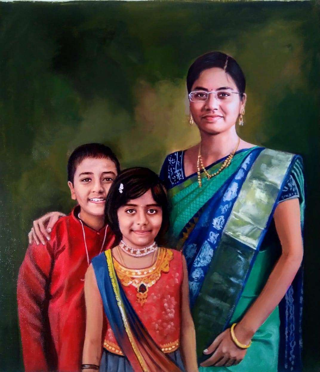 mother in saree with children, oil portrait 