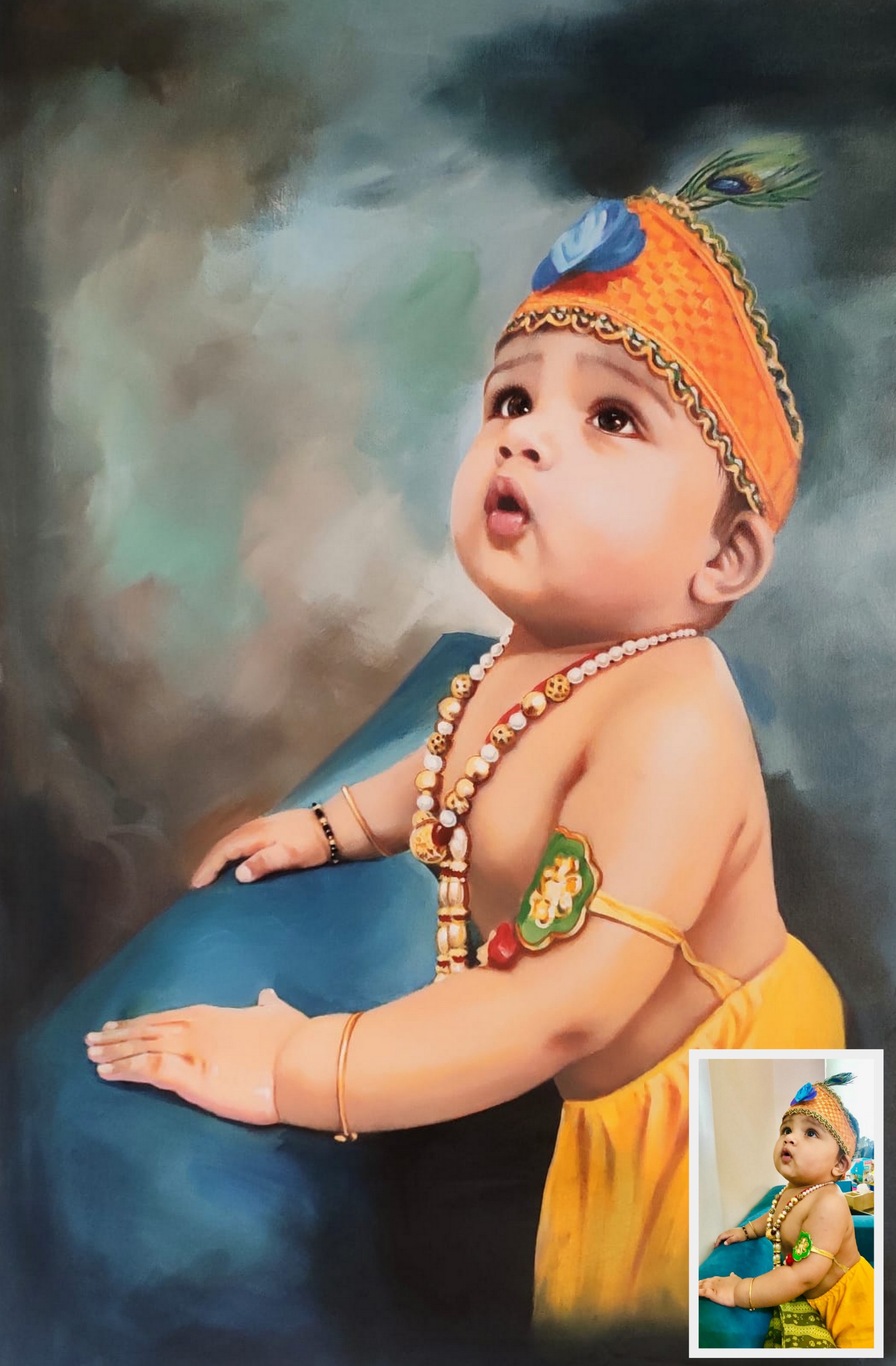 Baal Gopal, Krishna painting, baby dressed as Krishna, Oil portrait painting, portrait,