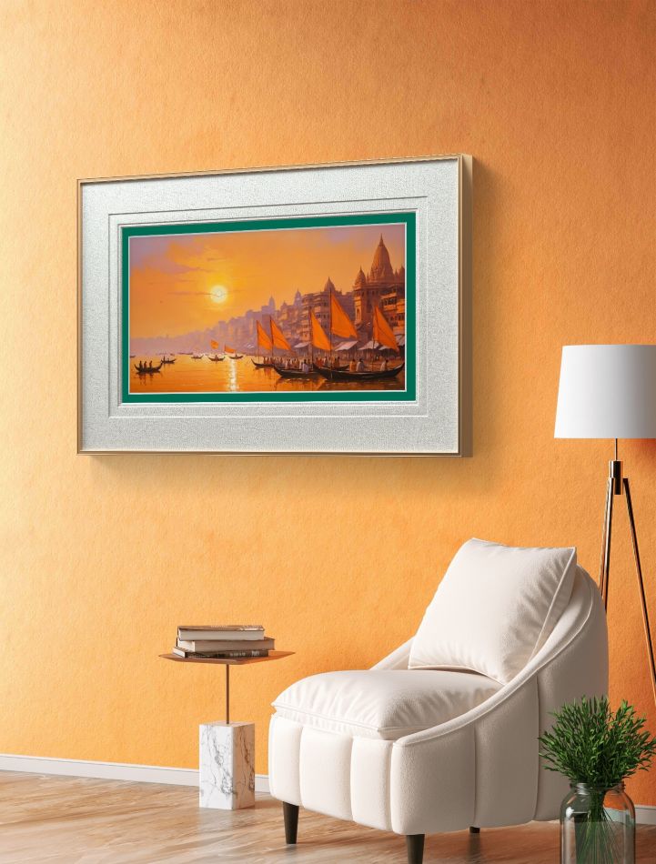 banaras ghat painting; varanasi ghat painting; art canvas, wall art; wall hanging; living room art; 