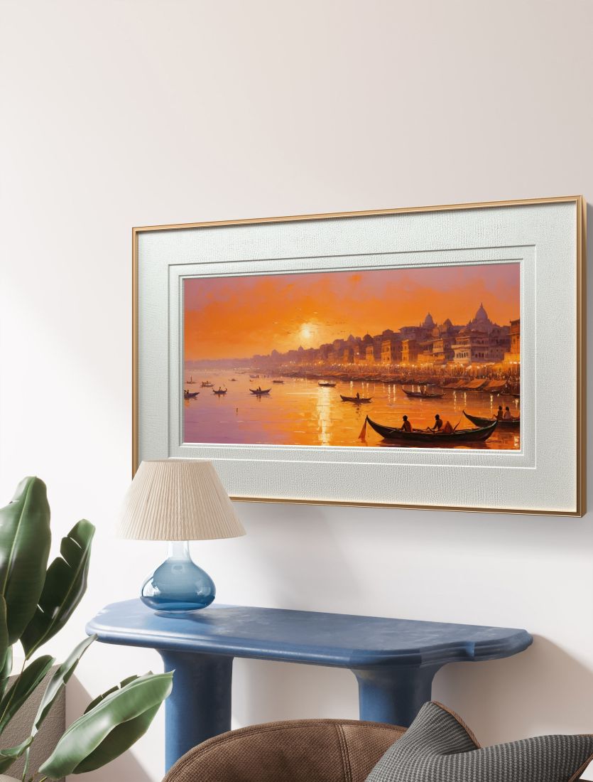 landscape varanasi ghat painting; varanasi painting; modern art banaras ghat painting;