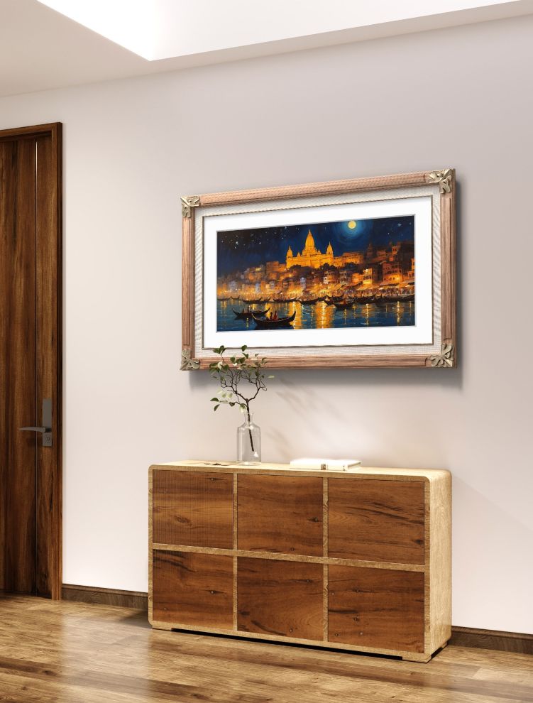 nighttime banaras ghat painting; full moon; fullmoon varanasi painting; kashi painting;