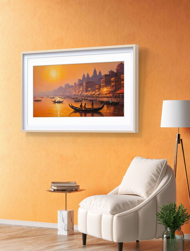 banaras ghat oil painting; banaras ghat painting online;canvas art; canvas painting; living art pr