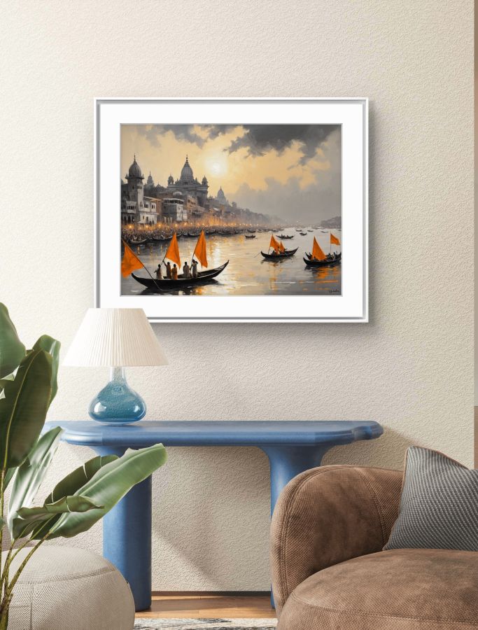 landscape varanasi ghat painting; varanasi painting; modern art banaras ghat painting; Art Print