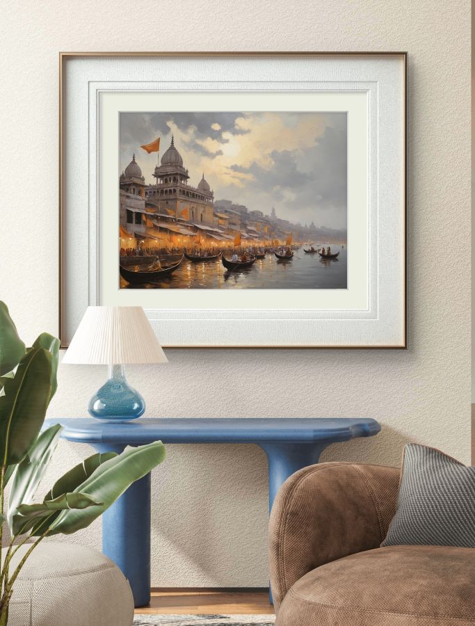varanasi painting; modern art banaras ghat painting; canvas art print; living room artwork;