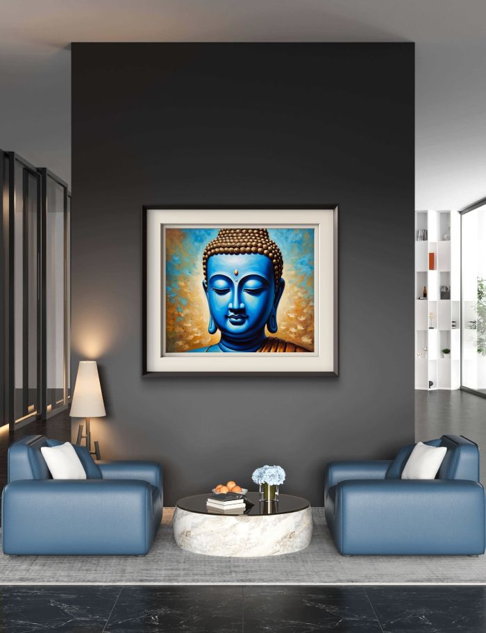 blue buddha painting; large buddha canvas wall art; Buddha Painting in blue and golden colours