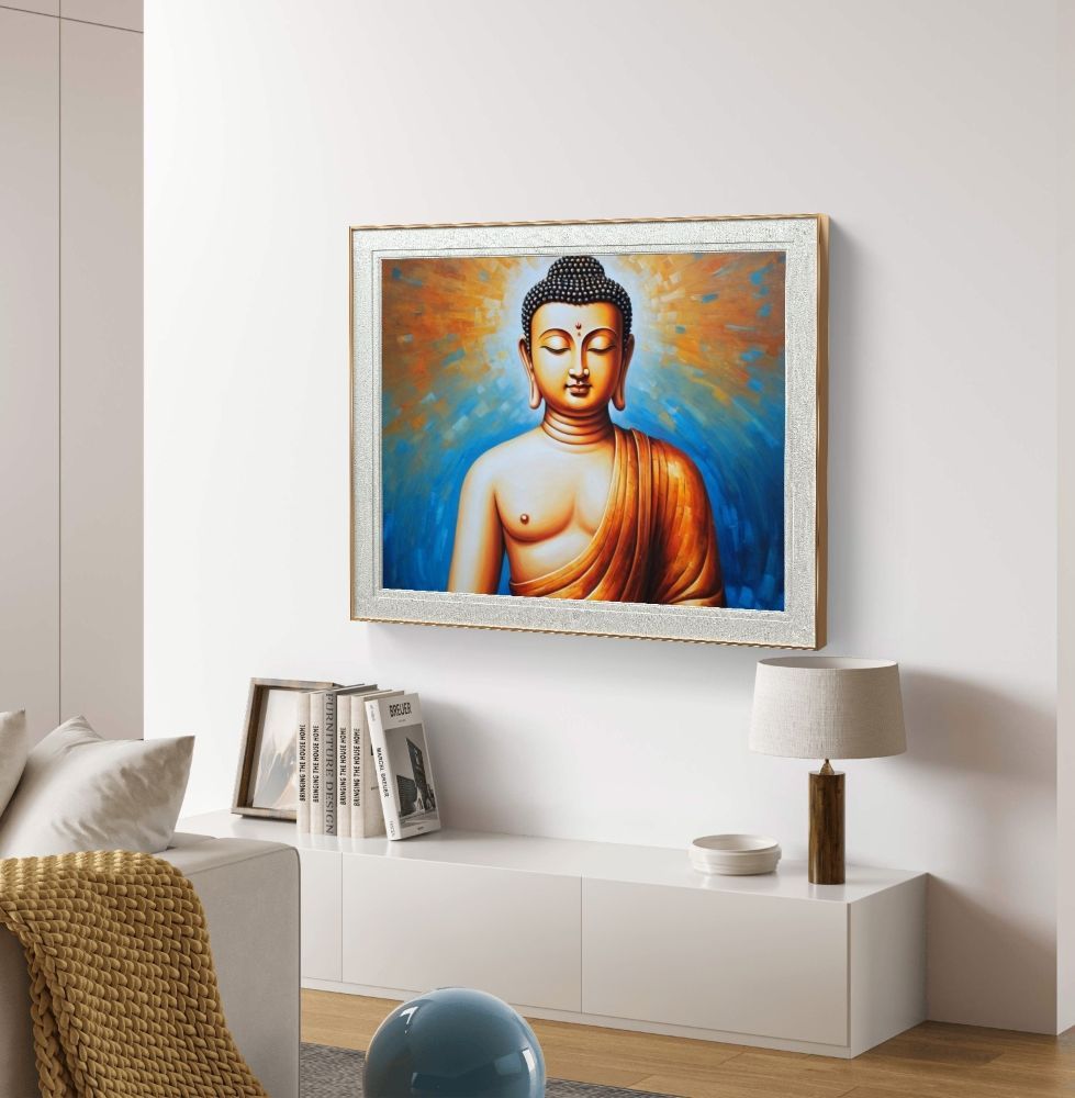 blue buddha painting; abstract buddha painting; buddha painting in blue and golden colour