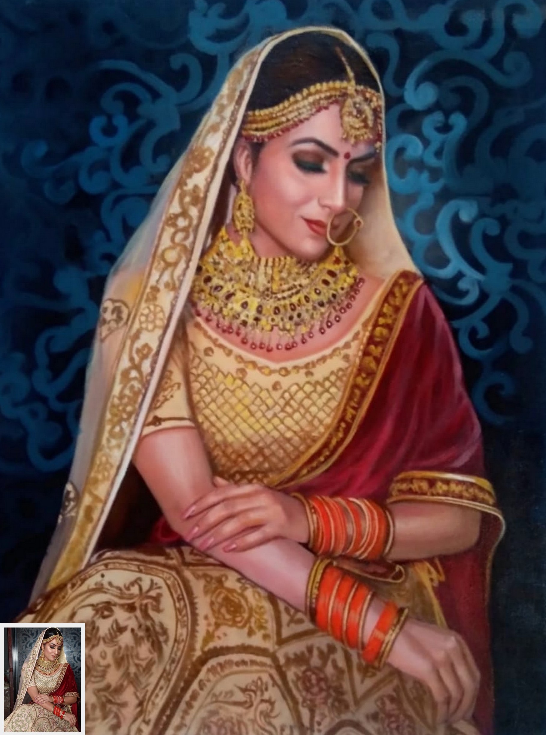 Indian bridal painting, painting of bride, wedding artwork, painting for wedding gift, photo to art