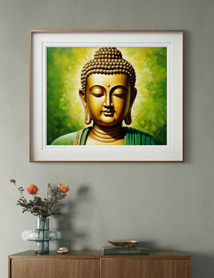 buddha wall art; buddha artwork; buddha painting art print; buddha painting in Green and Yellow