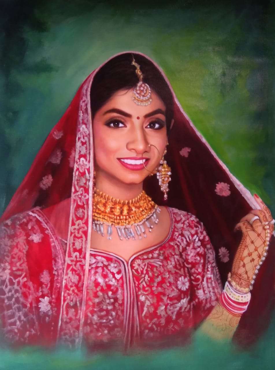 A wedding portrait painting of the Bride in traditional Indian bridal wear