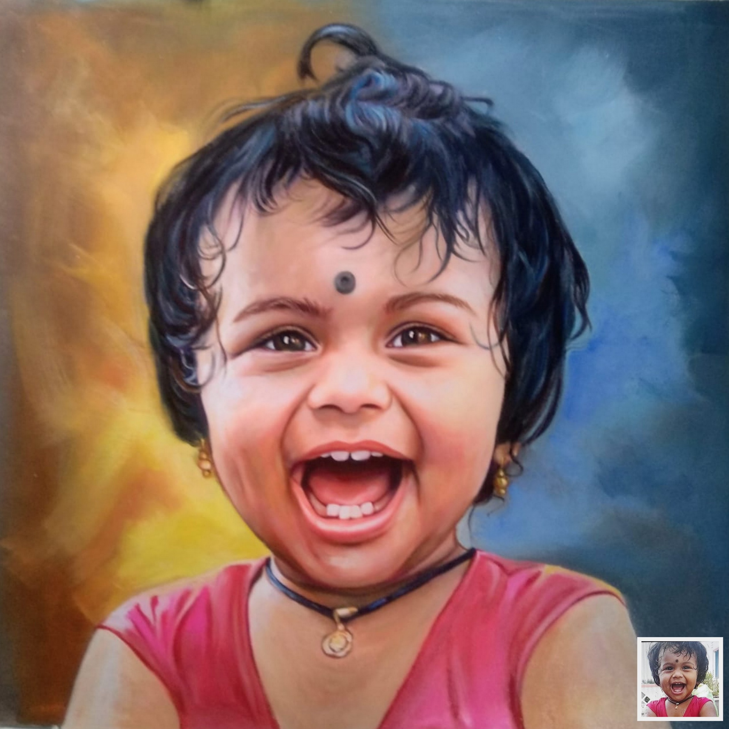 handmade oil portrait painting from photo of laughing girl child, child portrait painting,    