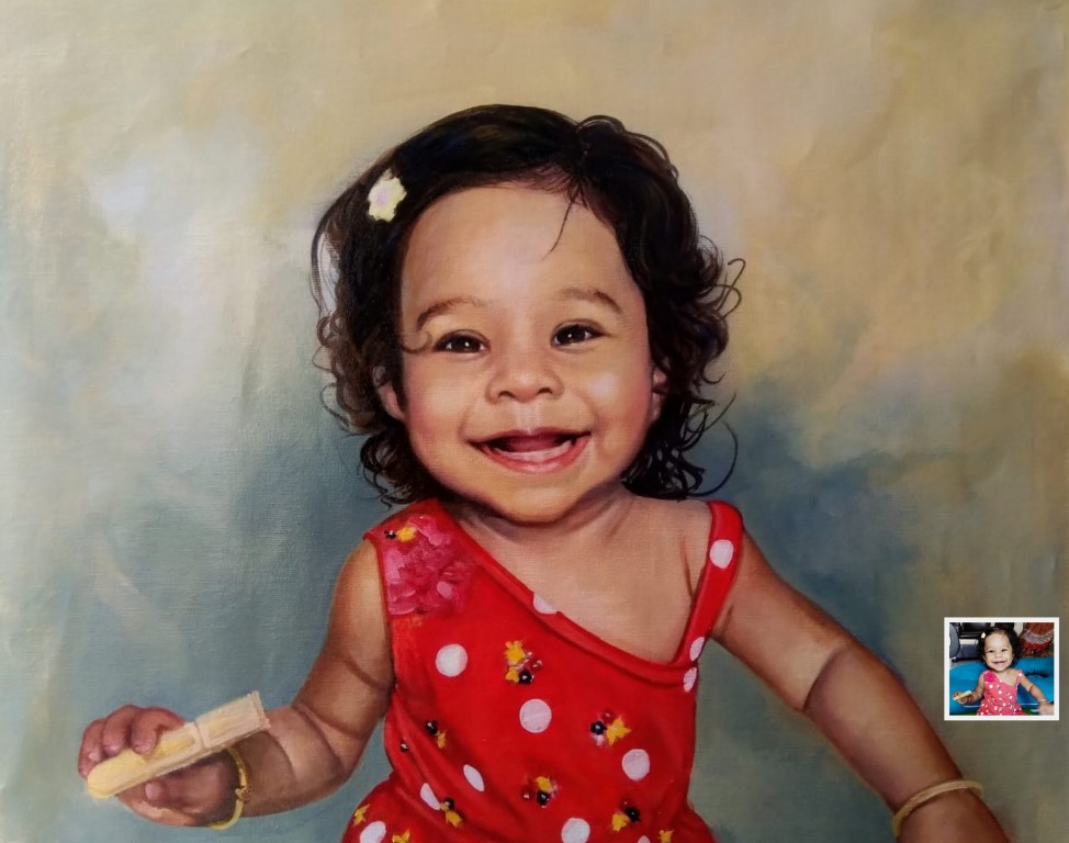 painting from photo of smiling child, children oil portrait, photo into painting of child, 