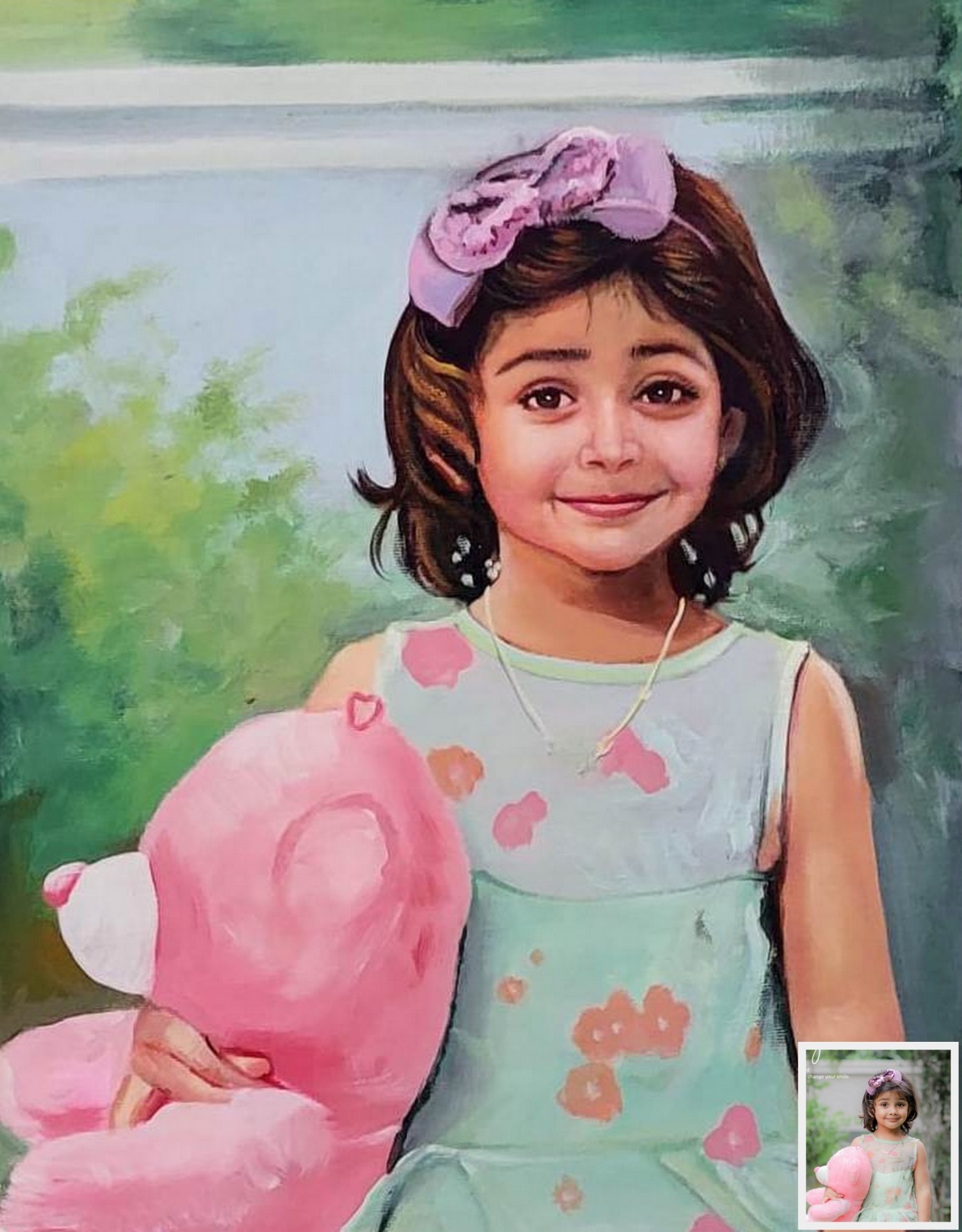 oil portrait painting from photo of young girl holding teddy bear, photo to oil painting online, 