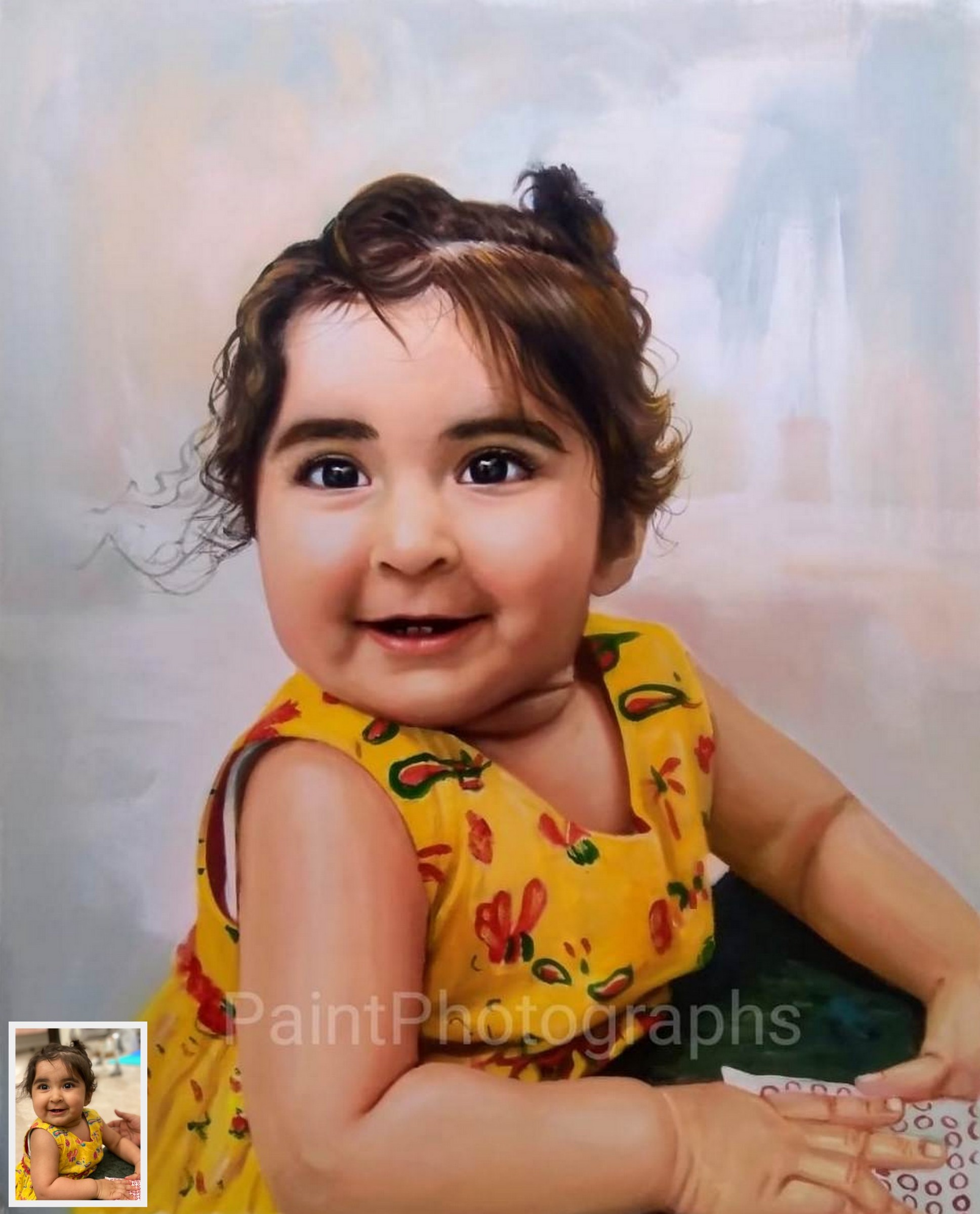 cute baby girl child portrait painting, photo into painting, painting from photo, photo painting