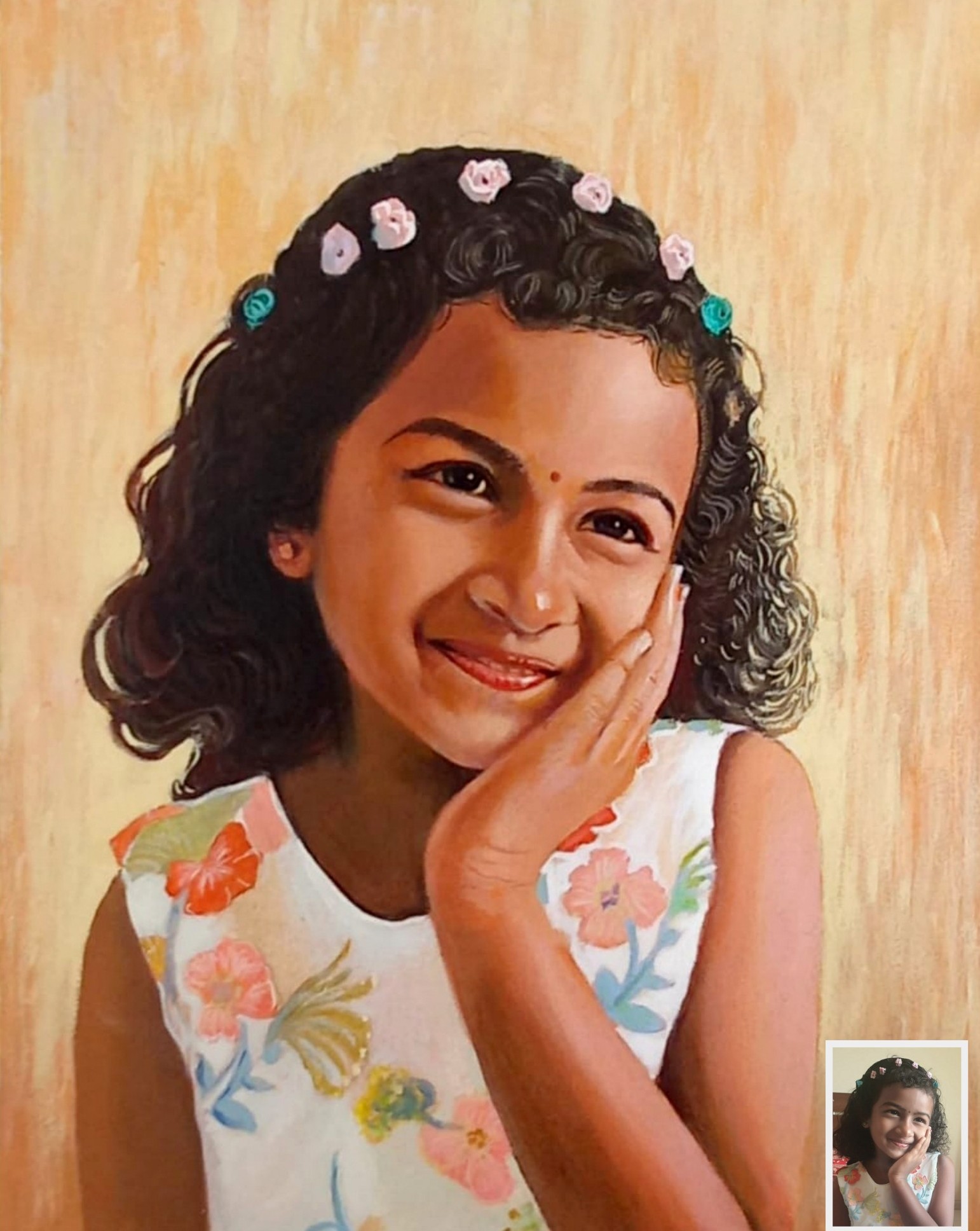 smiling young girl oil portrait painting, child portrait painting, painting from photo, photo paint