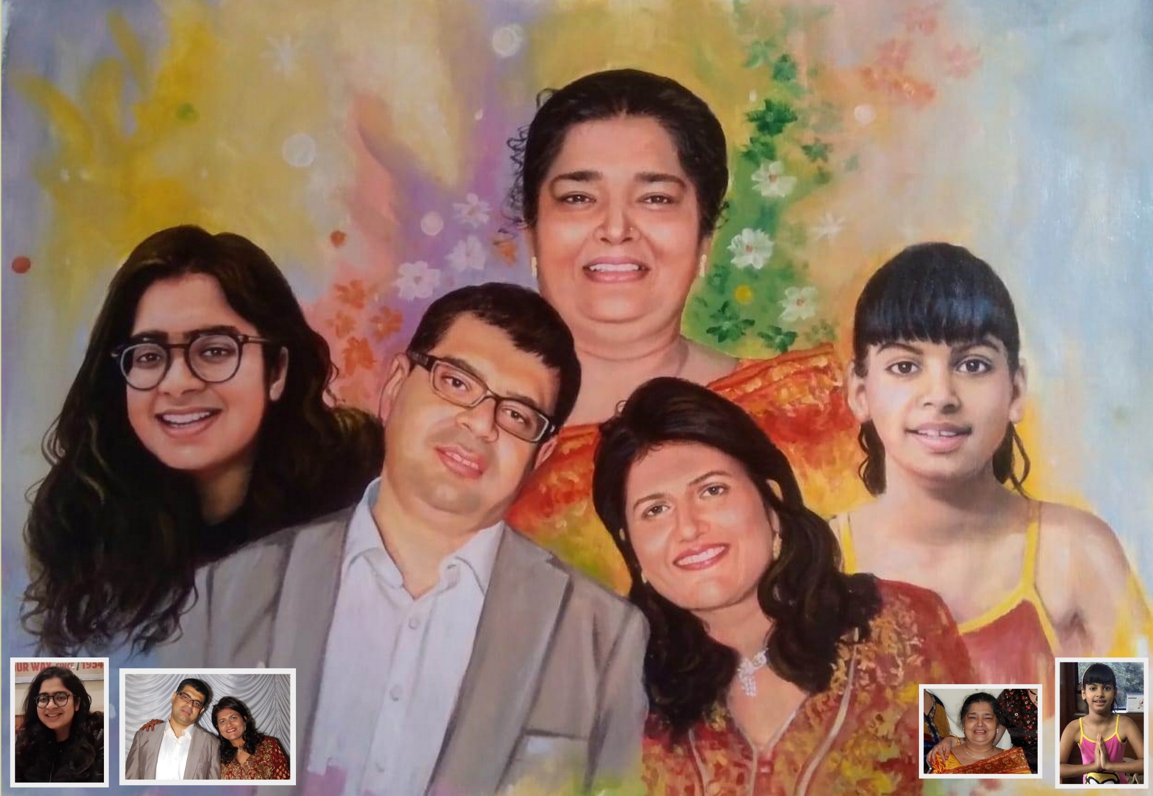 family painting from different pics, merged photo to family painting, handmade family painting 