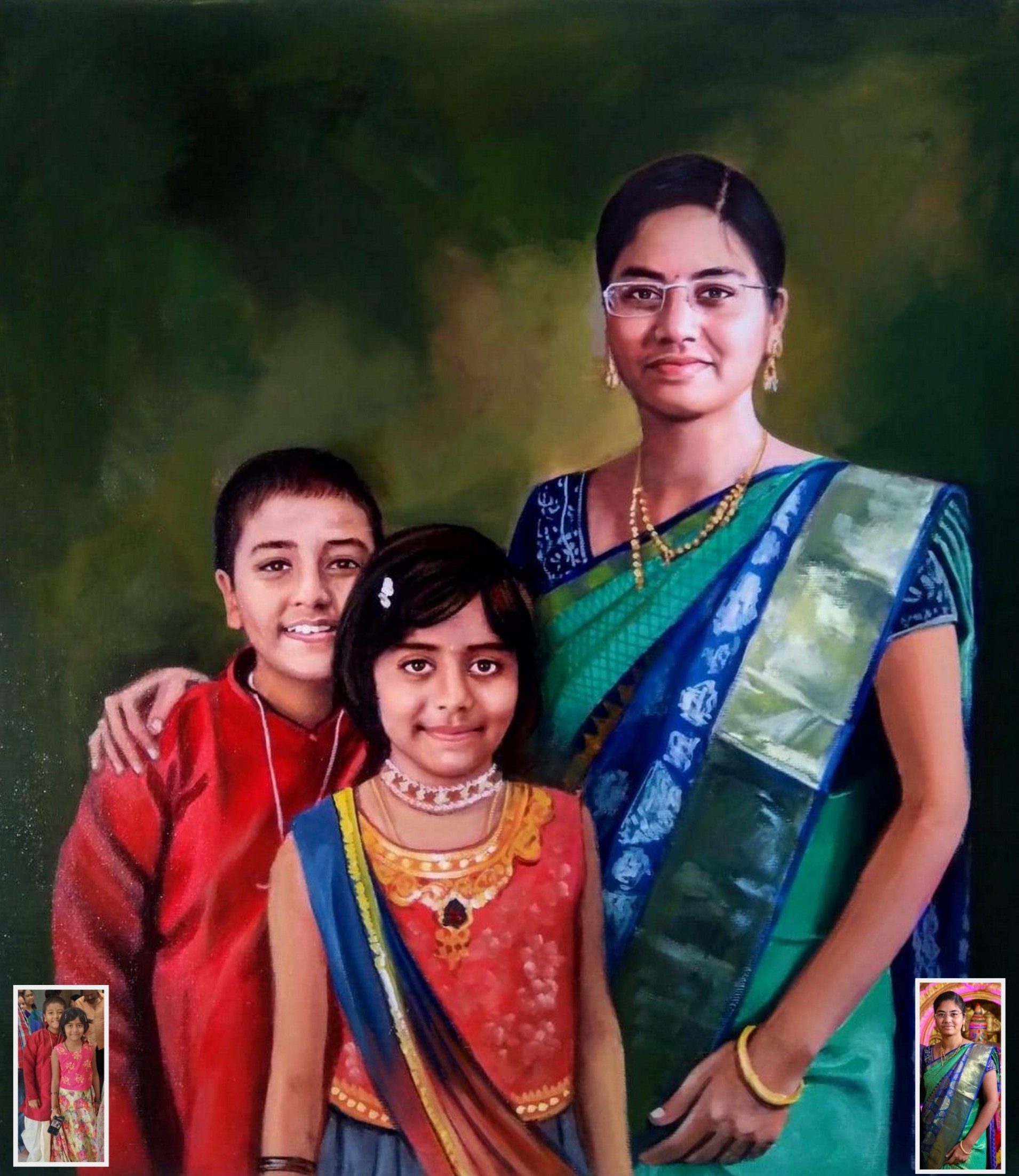 merged photo to oil painting, mom and children merged photo to painting, oil painting from photo, 