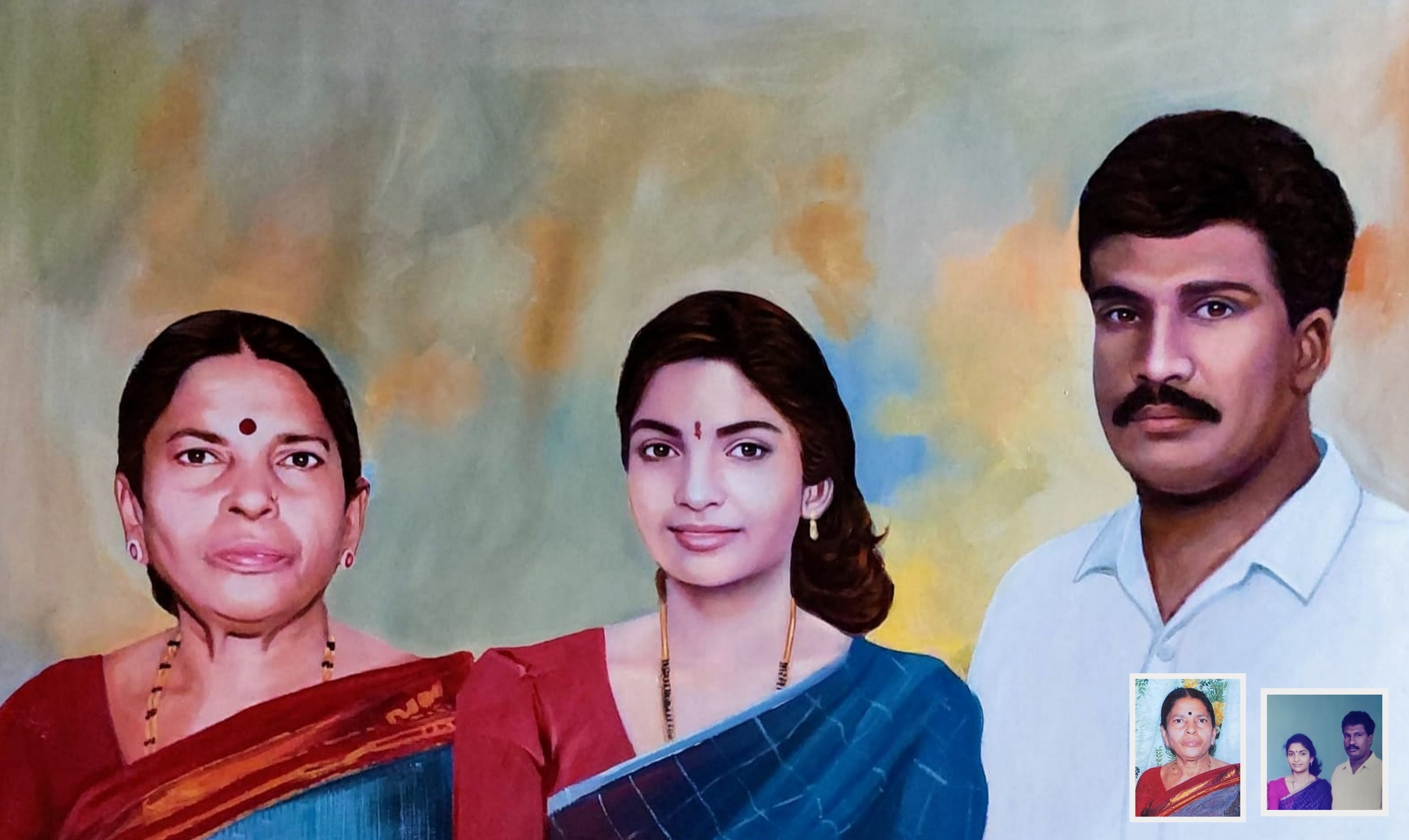 daughter with late parents family painting, family oil painting from multiple photos, 