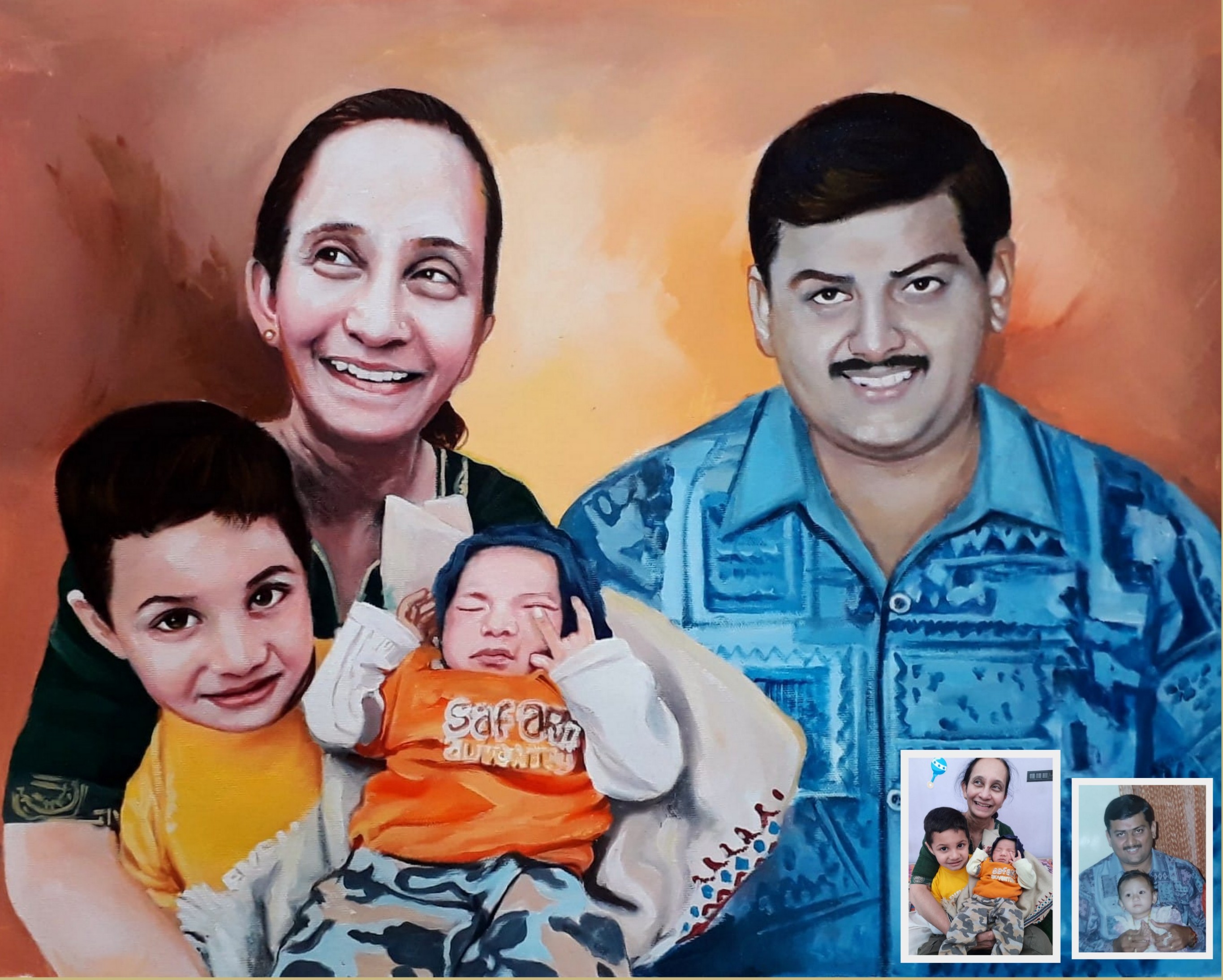 composite family oil painting of late father with wife and children, family painting two photos,
