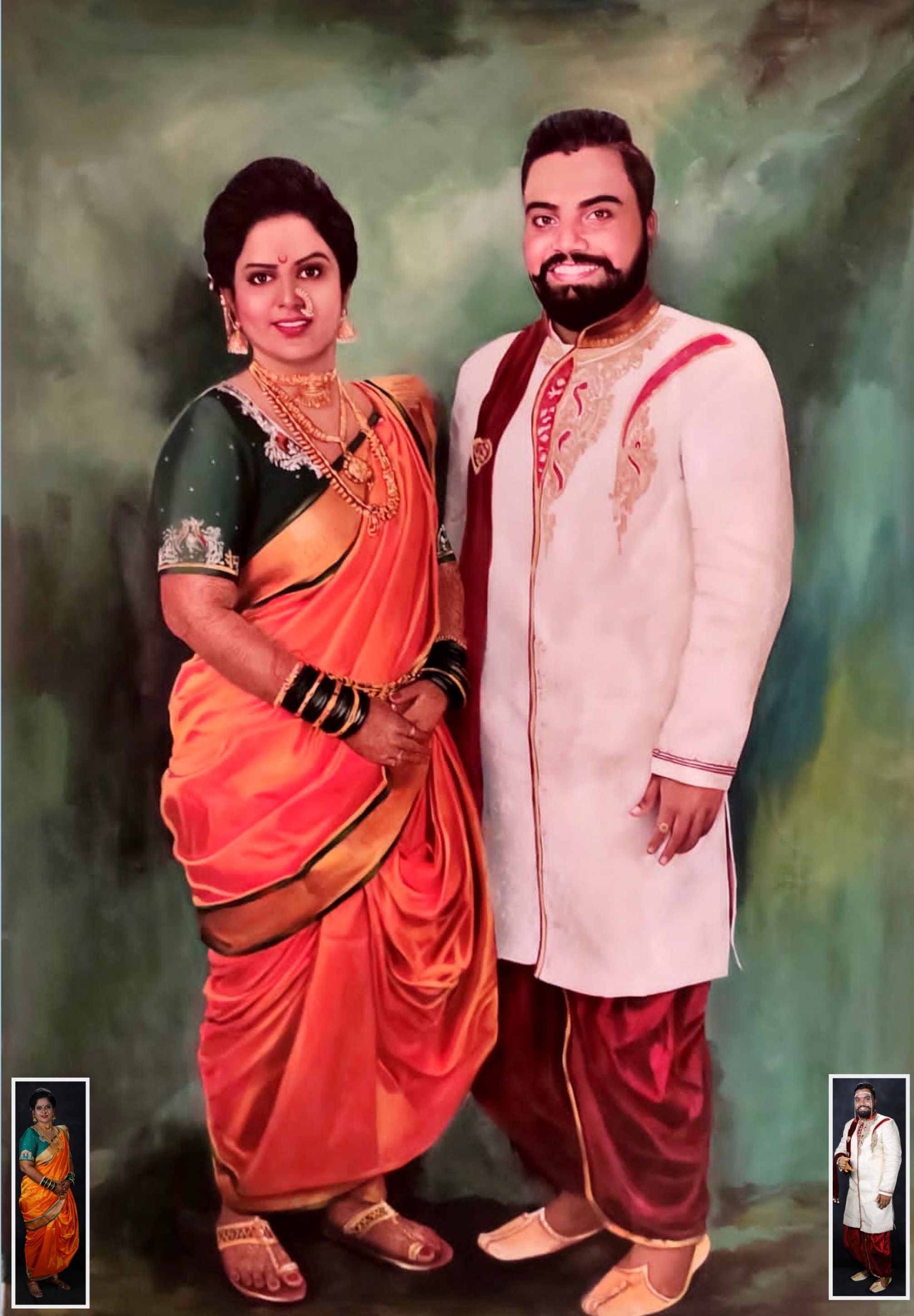 large canvas couple portrait painting, couple painting  in traditional Maharashtrian wedding dress, 