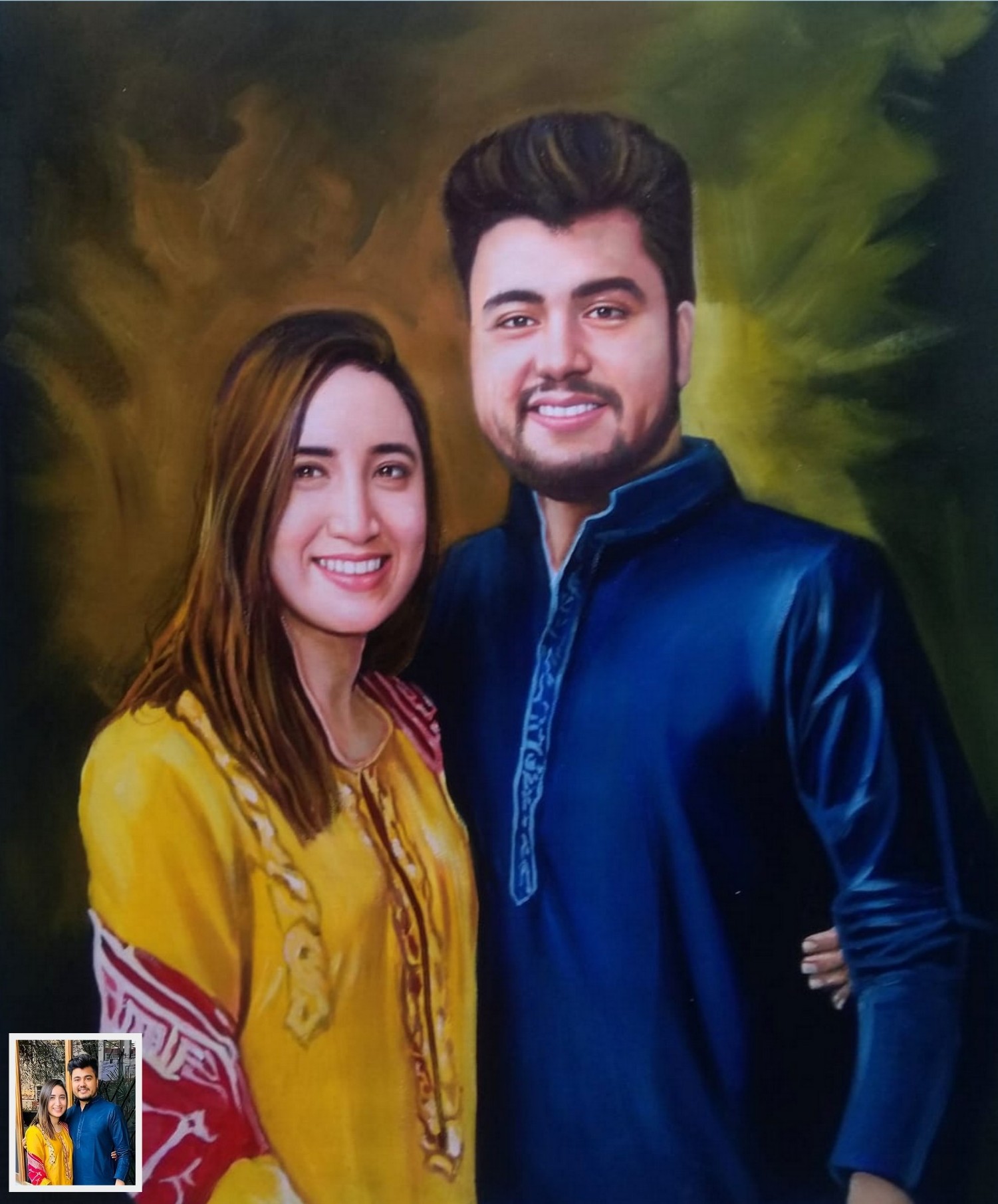 young couple portrait painting, smiling couple portrait, painting from photo, photo to painting, art