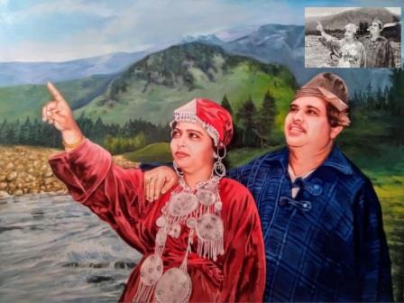 couple painting pointing at a distance in kashmiri dress, old photo to painting, painting from photo