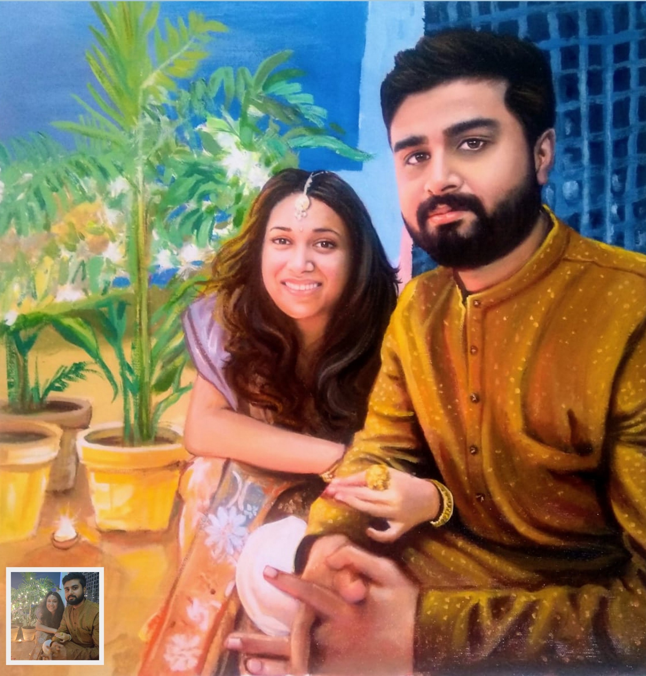Diwali couple portrait painting, Dipawali couple painting, oil painting from photo, photo to art 