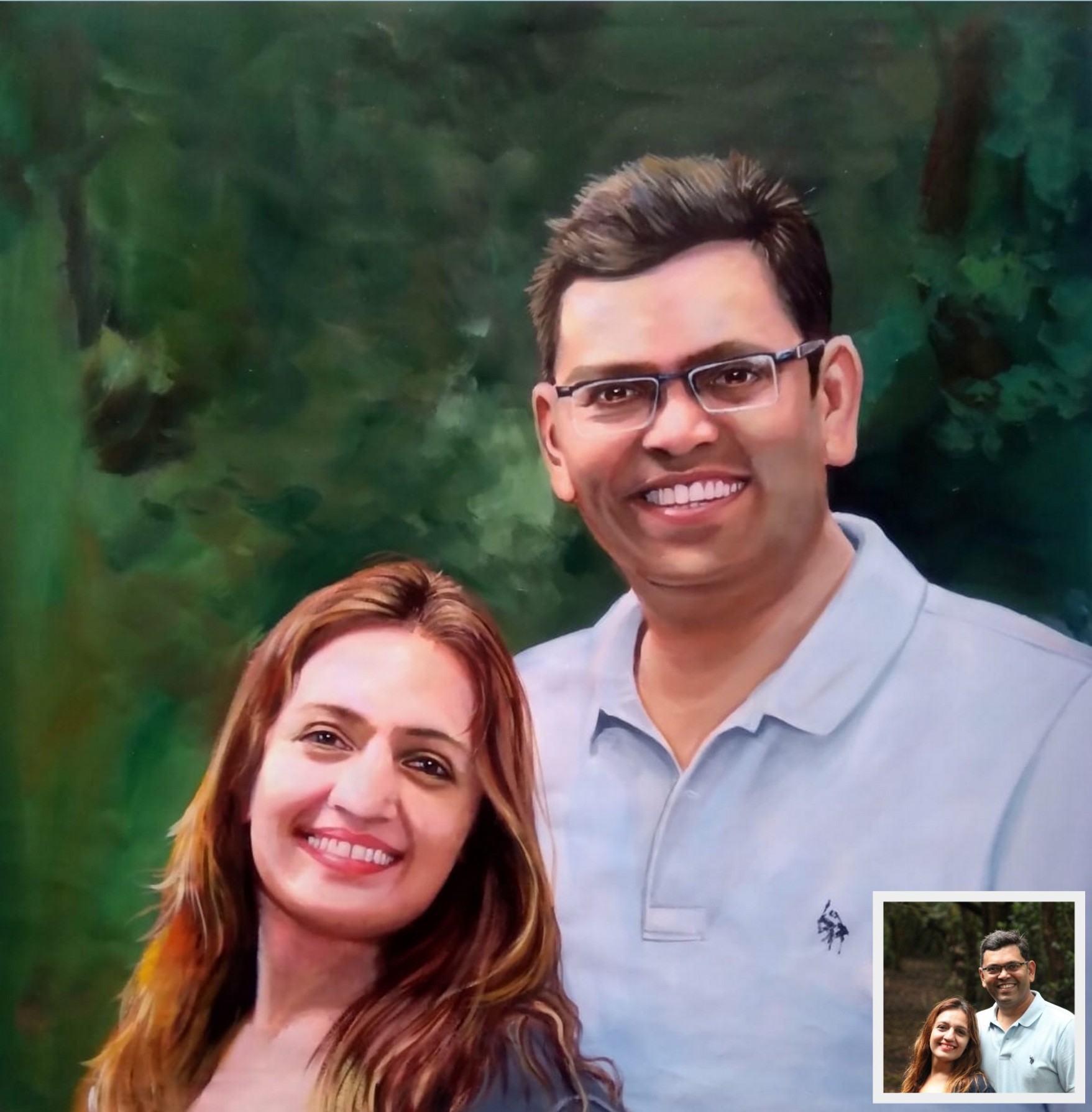Portrait painting of happy couple, couple portrait painting, oil painting from photo, photo to art