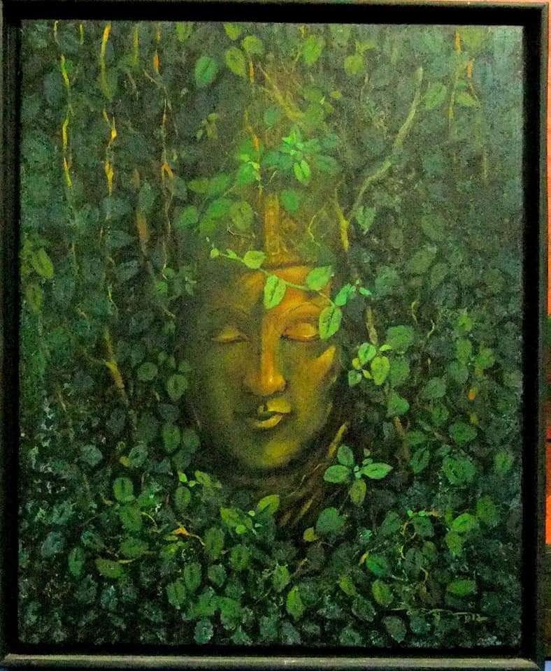 Buddha Painting, forest painting, buddha in green, oil painting, Photo to painting