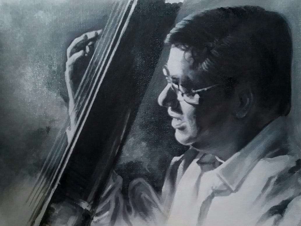 black and white painting, Jagjit Singh painting, painting of musician, man holding sitar