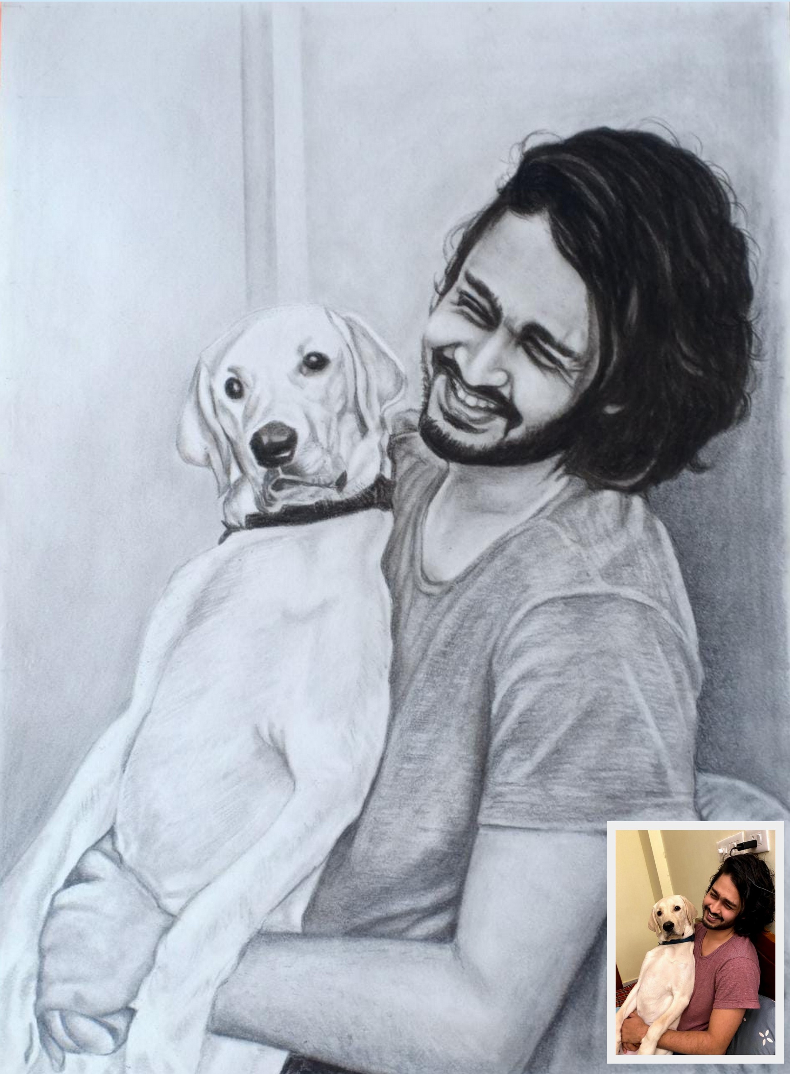 Charcoal pencil sketch of a man with a dog on his lap