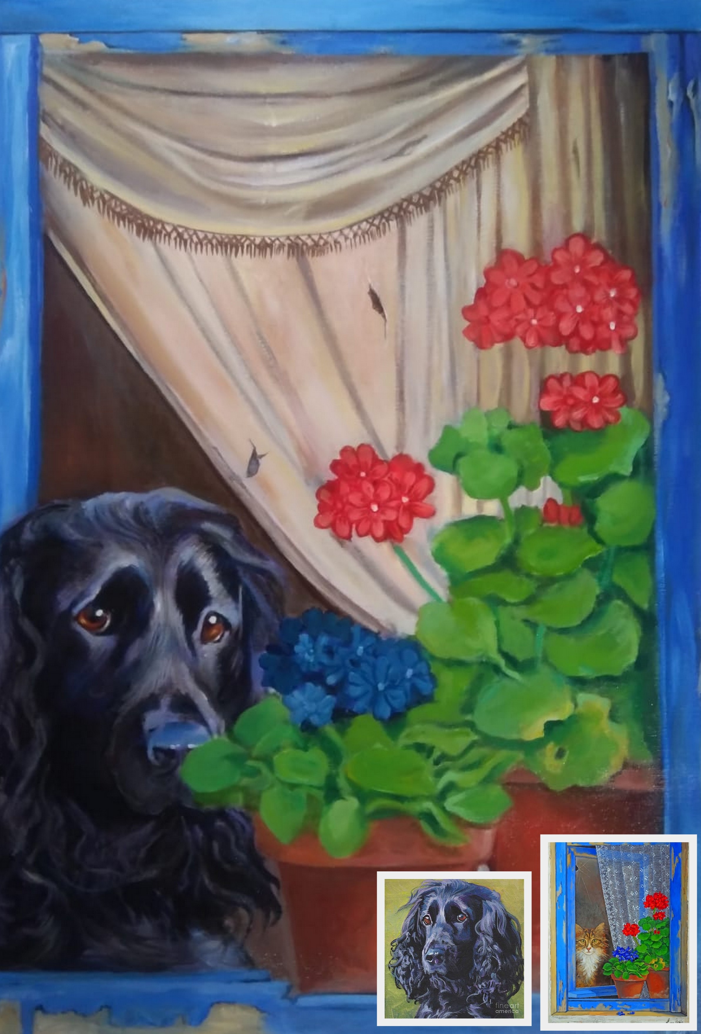 pet do looking out of the window oil painting, artistic pet portrait painting from photo, 