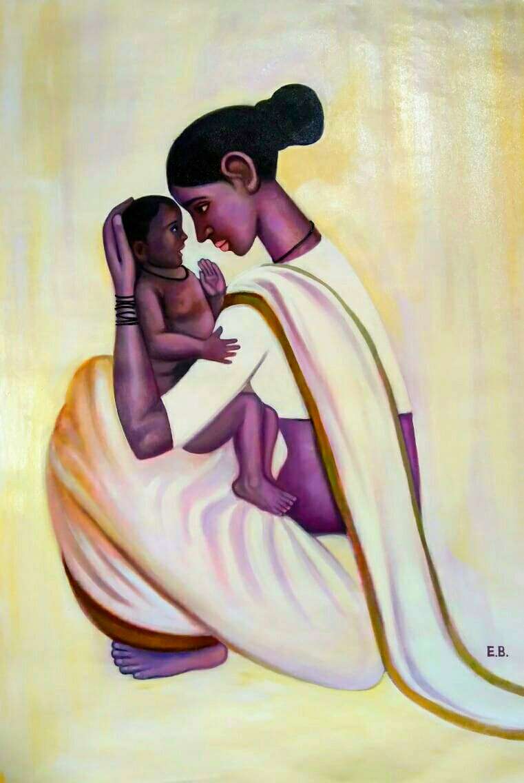 painting of a lady holding child, Indian mother holding child, reproduction of B Prabha artwork,