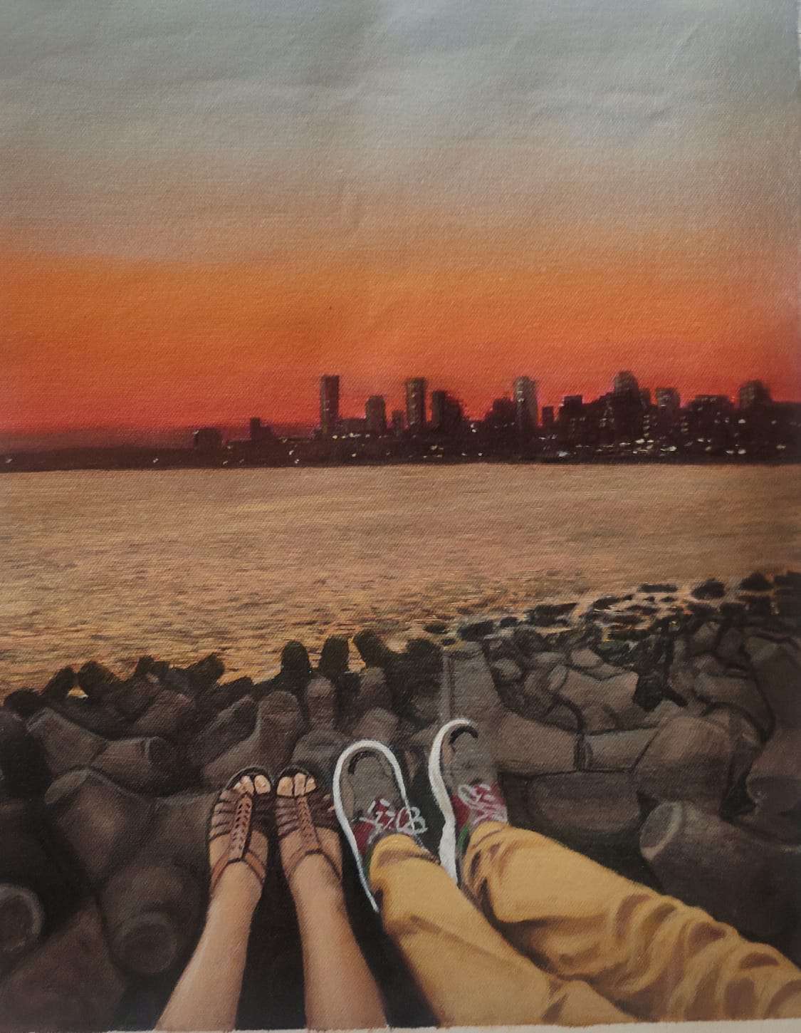 oil painting Marine lines, Mumbai skyline painting, painting from photo, orange sunset 