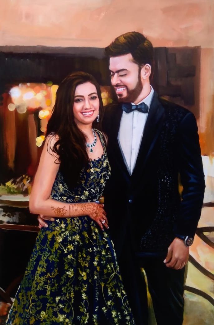 custom handmade portrait painting engagement gift for a young engaged couple