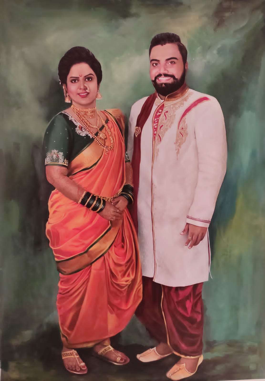 couple painting in traditional attire, Maratha wedding portrait painting from photo, photo to marriage painting, couple portrait painting 