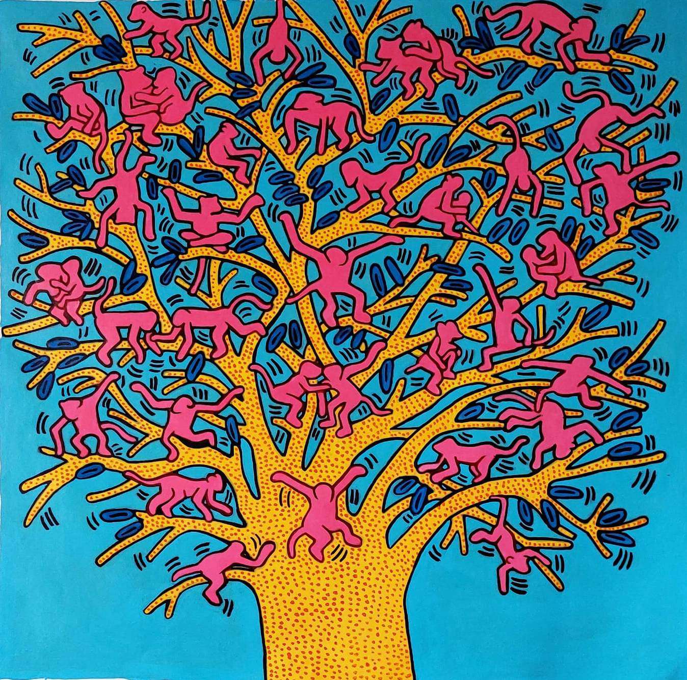 Tree of life, copy of original painting, Painting monkeys on tree, oil painting on canvas