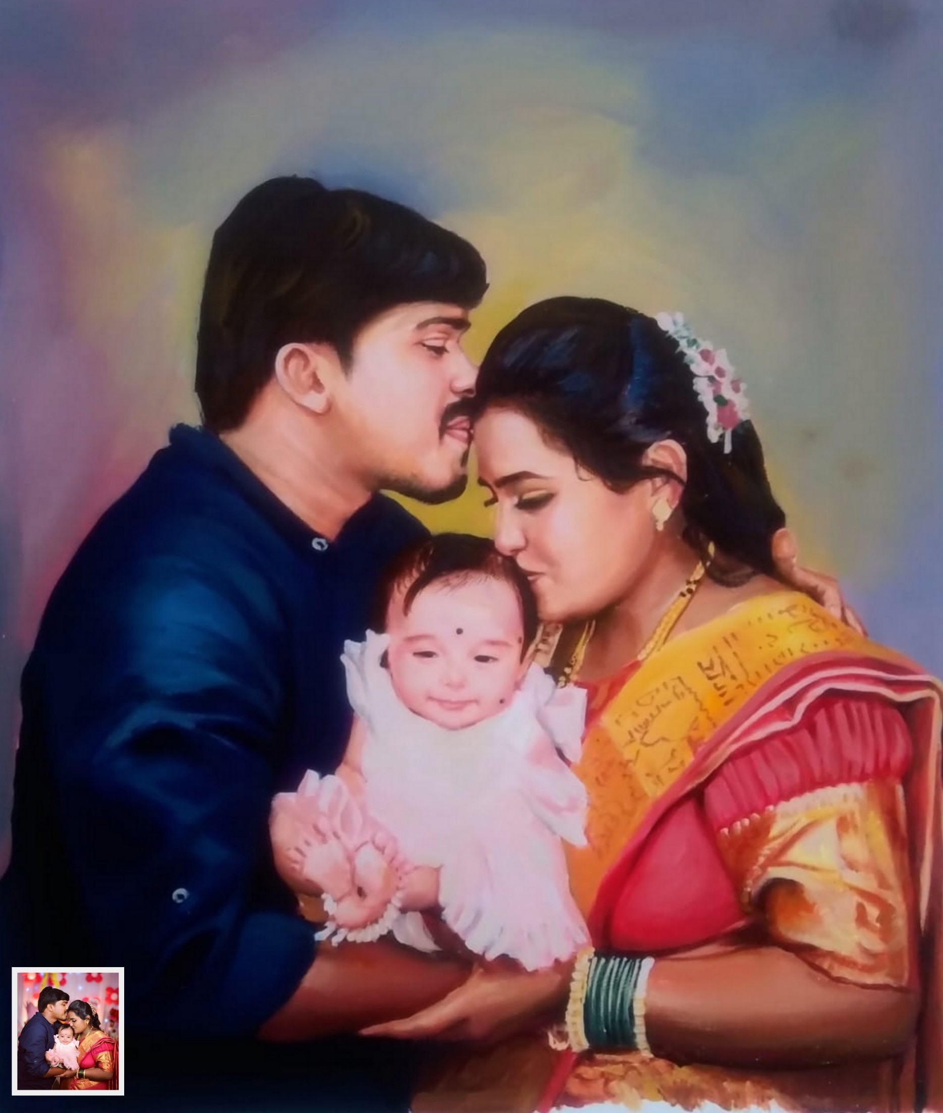 handmade family painting of a couple with newly born child,  infant with parents family painting 