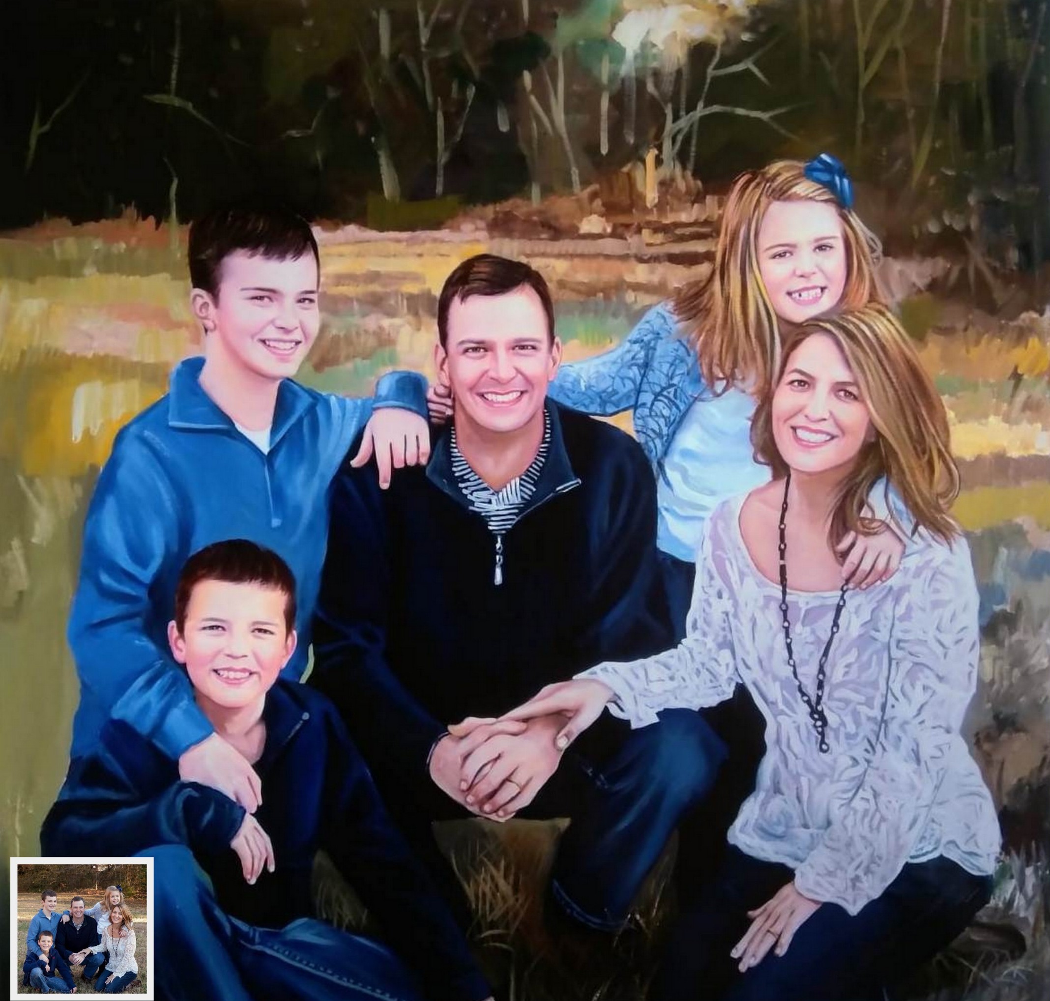 family portrait painting from photo, photo to family painting, couple and children family painting