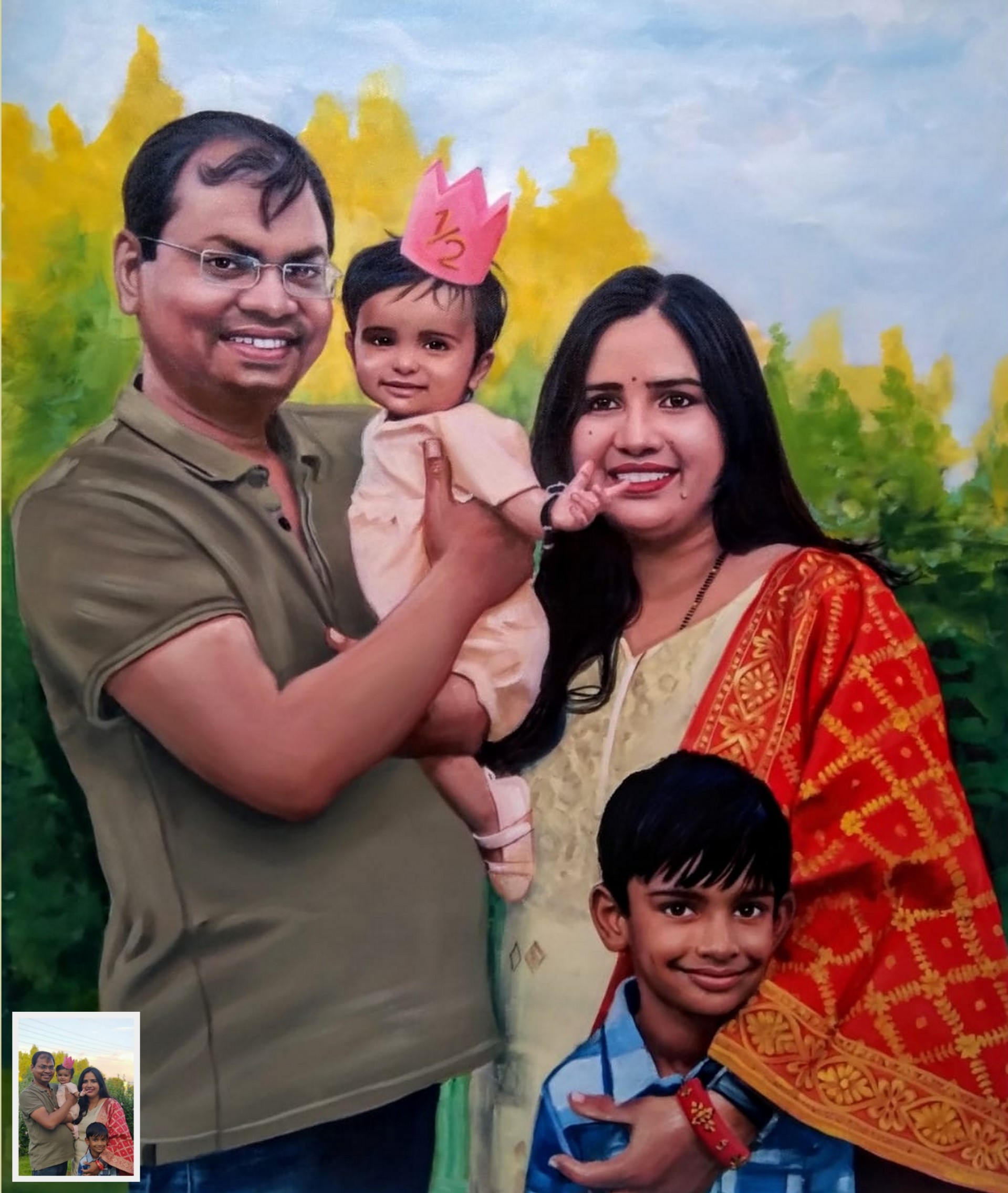 family portrait painting from photo of  couple and their children, photo to oil portrait painting 